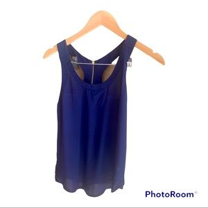Express navy blue X back chiffon and jersey top . Zipper detail . Sleeveless xs